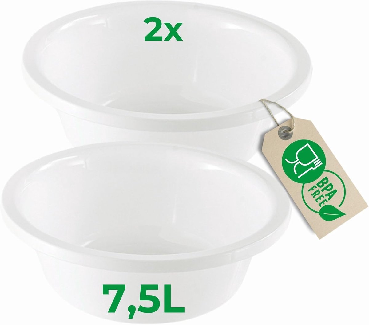 Novaliv 2x Ronde Afwaskommen 7,5L, D36 cm, Wit, BPA-vrij, Vaatwasserbestendig, Ideaal voor Keuken en Camping, Ronde Kom, Grote Plastic Kom, Afwaskom, Plastic Kom, Deegkom