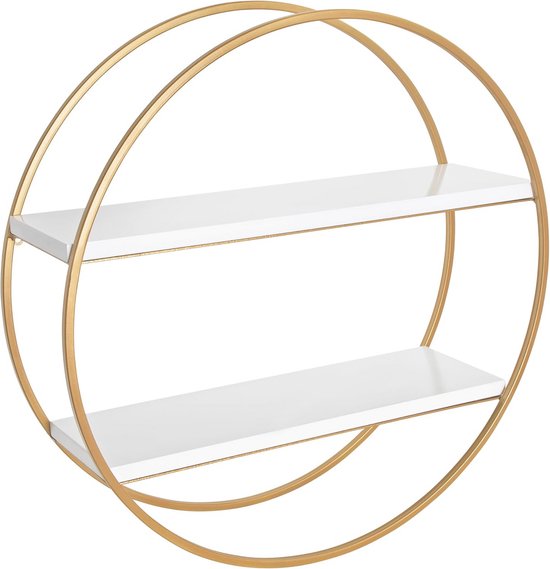 Muurplank Rond Moderne ronde wandplank 61 cm - witte en gouden 2-laags zwevende plank ...
