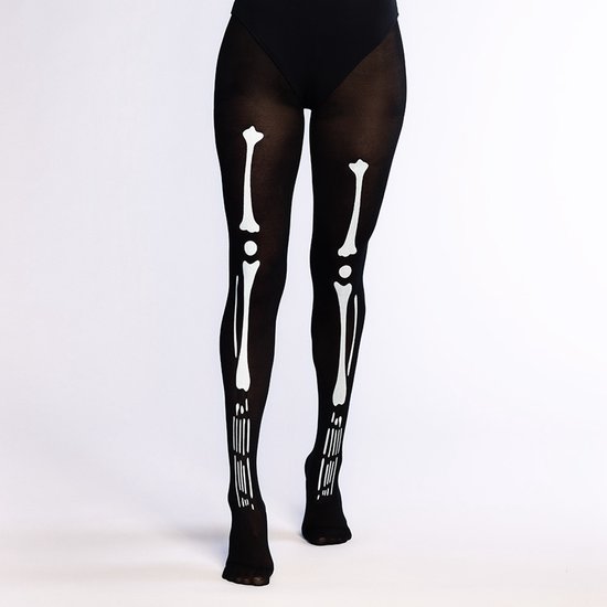 Zwarte panty met een witte skeletprint die de botten van de benen nabootst.