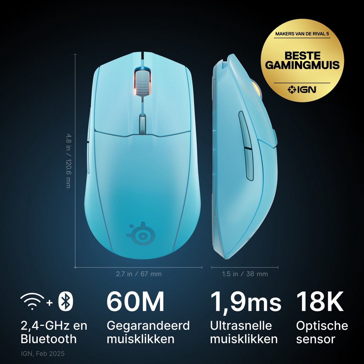 SteelSeries Rival 3 Wireless Gen 2 Draadloze Gamingmuis - Aqua - 2.4Ghz & Bluetooth - 18.000 DPI - 200 uur accu thumbnail 3