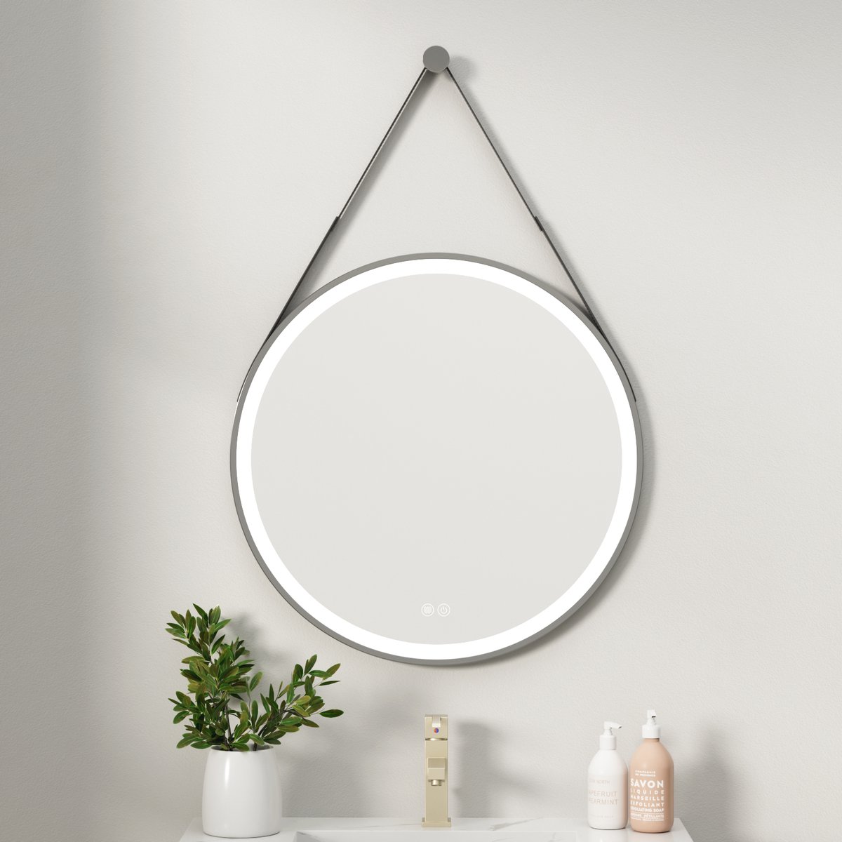 ERFU Ronde Badkamerspiegel φ60 cm – Dimbaar LED Licht, Anti-Condensfunctie en Lederen Riem (Verstelbare Verlichting)