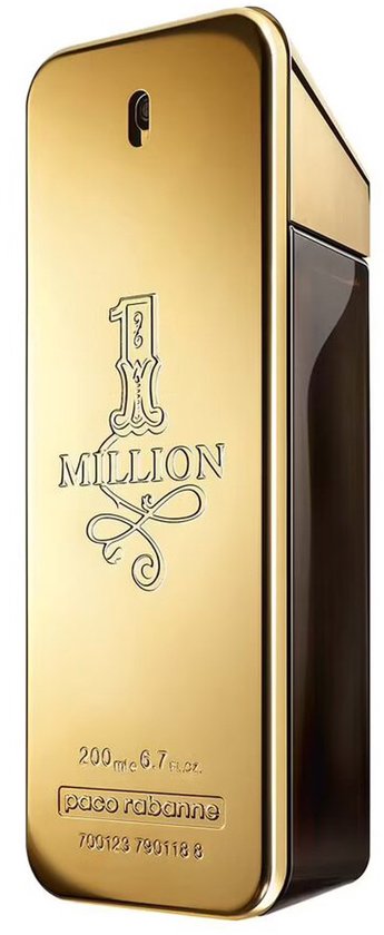 Gouden parfumflesje met '1 Million' logo en productinformatie.
