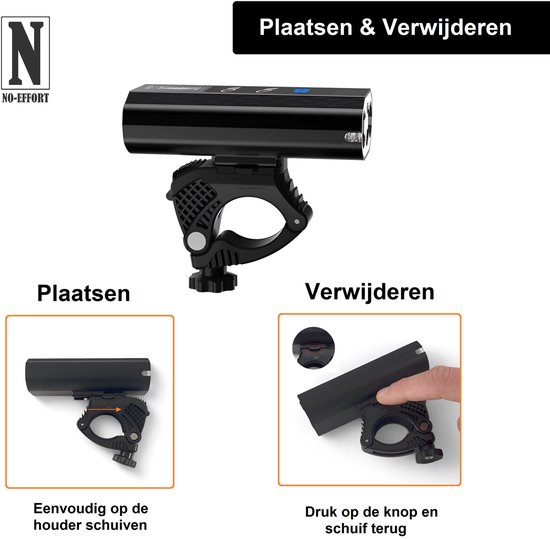NO-EFFORT Fietsverlichting Set - Fietslamp Voorlicht en Achterlicht - USB Oplaadbaar - 1200 Lumen - 5200 mAh Powerbank Functie - Geschikt voor MTB en Racefiets - Fietslampjes Voor en Achter - 360° Draaibaar - Waterdicht — afbeelding 2