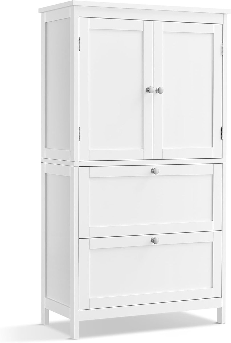 VASAGLE Badkamerkast, badkamermeubel, keukenkast, opbergkast, met 2 deuren en 2 laden, verstelbare plank, 30 x 60 x 110 cm, klassiek wit