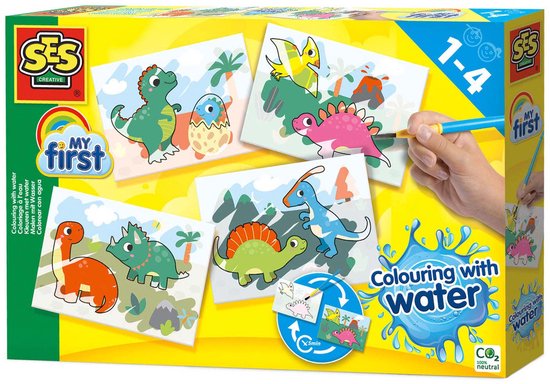 SES Creative- My First - Kleuren met Water - Dino's -Verven - geen geknoei - vrolijke kaarten met veilige kwast - steeds opnieuw te gebruiken - Dinosaurus Speelgoed 1 tot 4 jaar