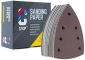 Doos CROP SANDING PAPER naast een stapel bruin driehoekig schuurpapier met 9 gaten.
