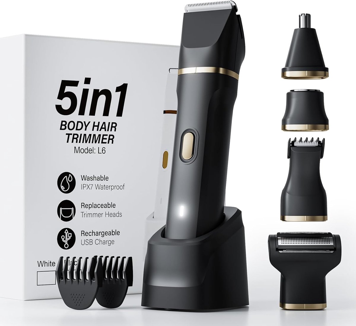 5 in 1 Elektrisch Scheerapparaat voor Mannen - Waterdicht Body Trimmer met 2 Kammen voor Lichaam, Baard en Rug