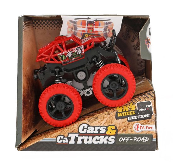 Rode monstertruck met zwarte velgen, in een 'Cars & Trucks Off-Road' verpakking.
