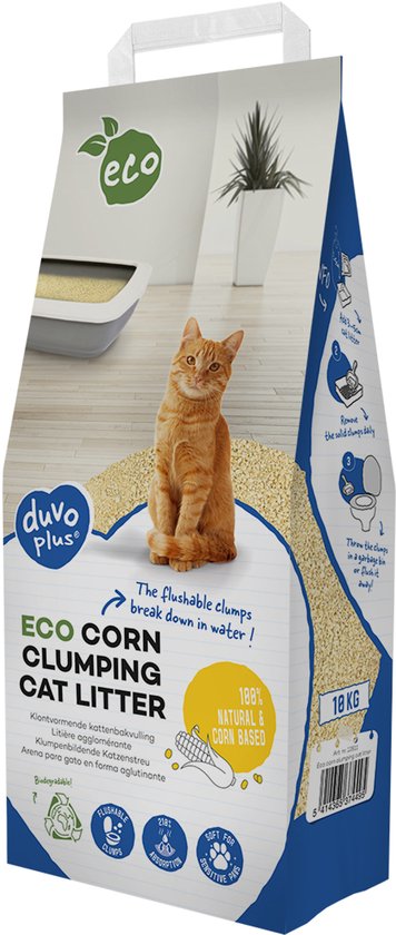 Duvo Plus Eco maïs klontvormende kattenbakvulling, 10kg. Een oranje kat zit op de vulling.