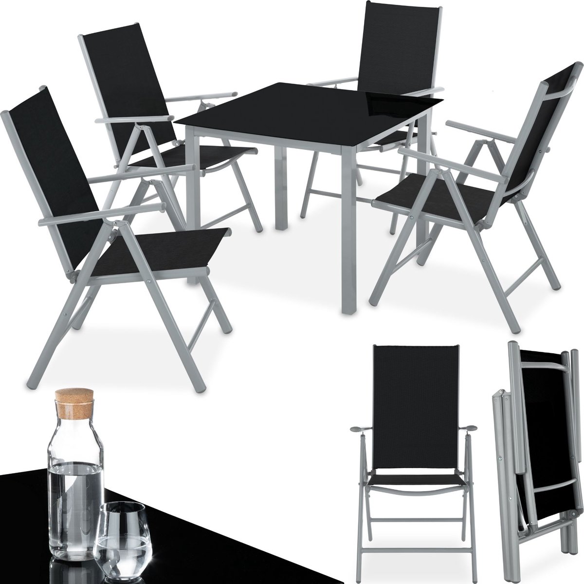 Aluminium tuinset met 4 zilveren/grijze stoelen en 1 tuintafel.