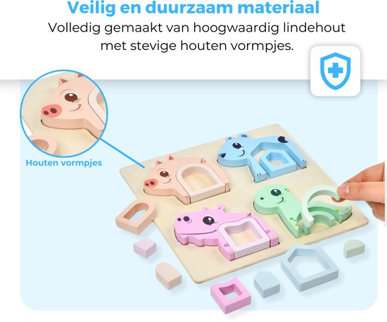 Gedetailleerde close-up van de roze varkenspuzzel, met de tekst 'Houten vormpjes'. Puzzelbord met vier dieren.