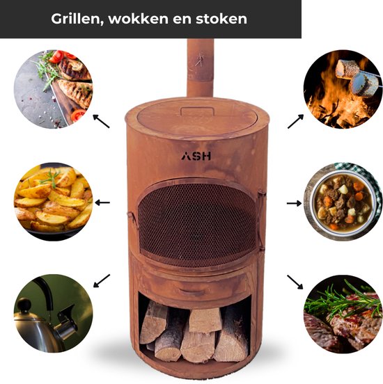 Foto: Ash sunset grote tuinhaard met bbq houtkachel vuurkachel terraskachel 3 in 1 terrashaard voor sfeervolle avonden cortenstaal tuinkachel 47x47x191 cm