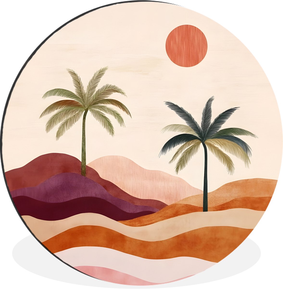 WallCircle Wandcirkel - Muurcirkel - Palmbomen - Abstract - Zon - Heuvels - Aluminium - Dibond - 90x90 cm - Binnen en Buiten Heuvels - Palmbomen - Abstract