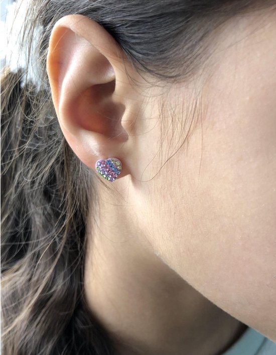 Clips d'oreilles en forme de cœur arc-en-ciel La Rosa Princesa en Argent et pierres de cristal - Boucles d'oreilles arc-en-ciel pour enfants - Cadeau pour Filles