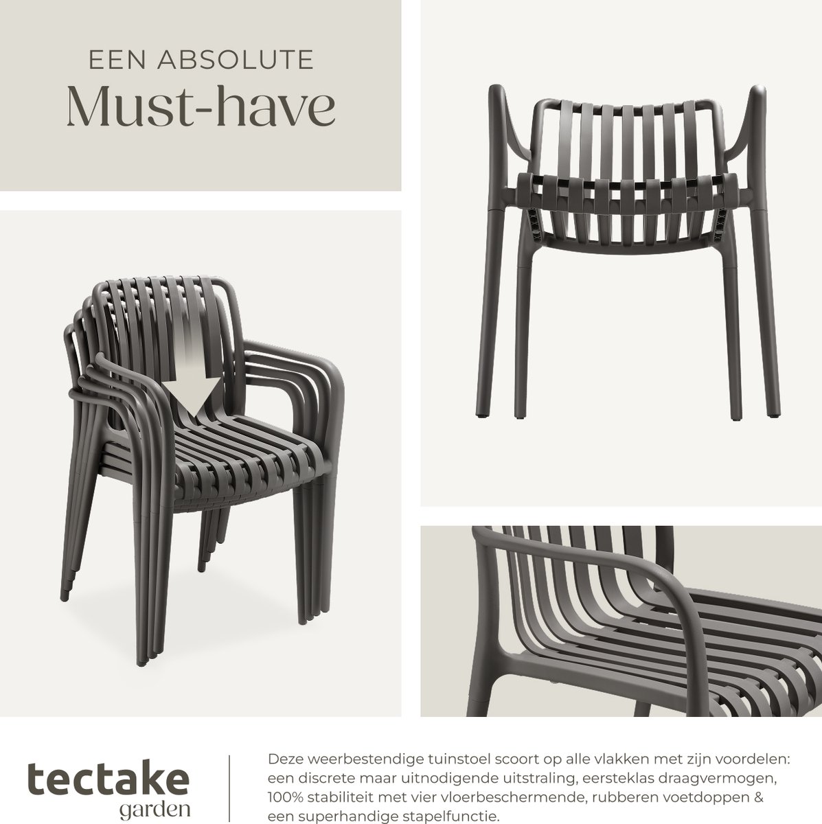 tectake® Set van 6 Tuinstoelen Alcudia - Antraciet - Kunststof Stoelen met Armleuning - Tuinset voor om de Tuintafel of op de Camping - Stapelbaar - Stoelen voor Tuin, Terras of Balkon - Weerbestendig en UV-bestendig - Draagkracht 120kg per Tuinstoel – foto 3