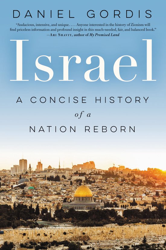 Boek "Israel: A Concise History of a Nation Reborn" met op de kaft een panorama van Jeruzalem.