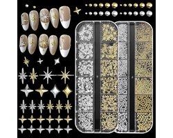 foto van Gold Silver Star Nail Charms 3D Alloy Star Moon Nail Rhinestones Five-Pointed Star Glitter Nail Art Design Nail Gemstones - Set van 2 Boxes