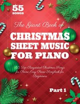 De kaft van 'The Giant Book of Christmas Sheet Music for Piano', met kerstdecoraties zoals dennentakken, kerstballen en snoepstokken.
