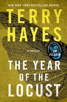 Boekcover van "The Year of the Locust" door Terry Hayes, met een gele achtergrond en een zwarte libelle-achtige vleugel.