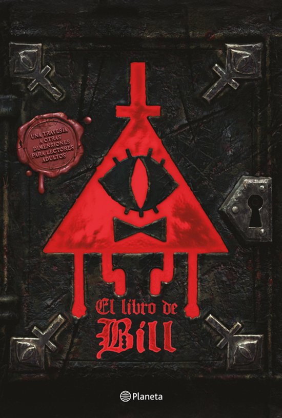 El Libro de Bill - Een boek met een rode driehoekige
Bill Cipher-afbeelding met een strikje en een oog. Omringd
door sloten en een zegel.