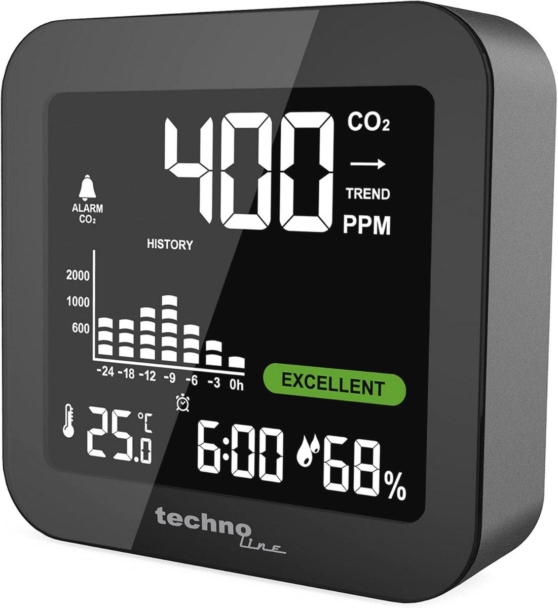 CO2-monitor voor luchtkwaliteit met kleurendisplay - Alarmfunctie en kalibratie