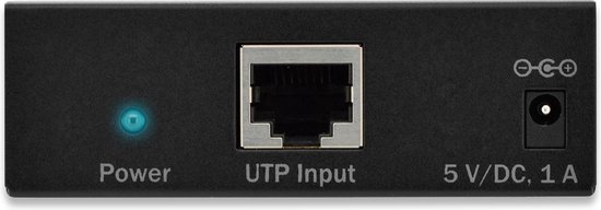 Zijkant van de sender met poorten: Power, UTP Input en 5 V/DC 1 A, met blauw power lampje.