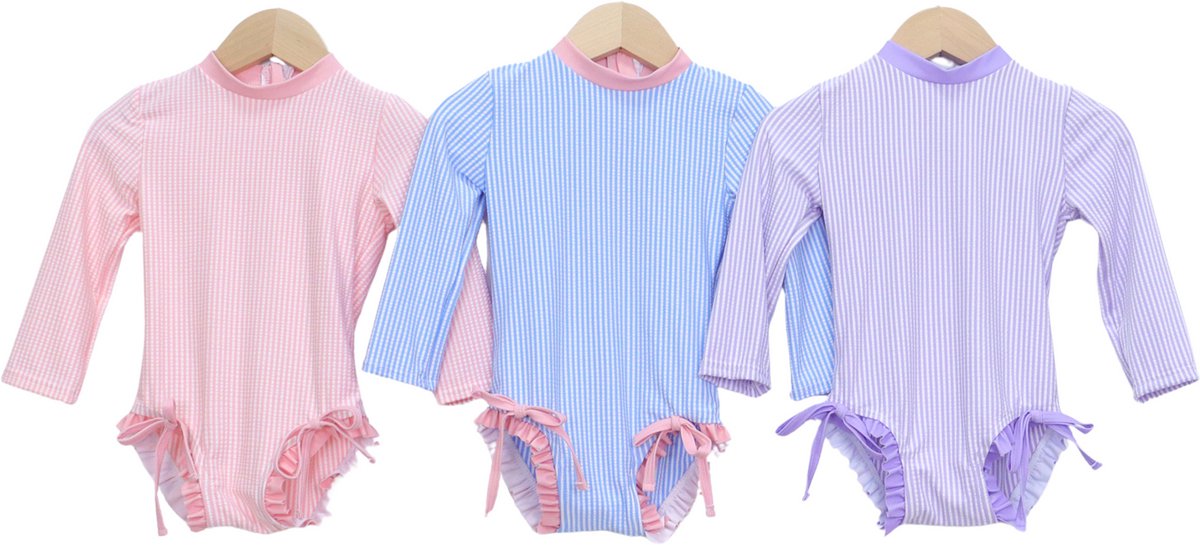 Joya Kids® Badpak Lange Mouw Licht Blauw met Streepjes en Roze Ruches Meisjes | Zwempak met ruches UV Badpak | Zwempak Lange Mouw UV Bescherming Streep | Meisje Bikini Zomer | Kinderbadpak Peuter | — afbeelding 9