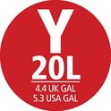 Rood cirkelvormig logo met witte tekst 'Y 20L 4.4 UK GAL 5.3 USA GAL'.