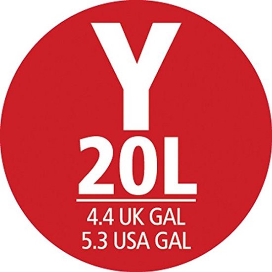 Rood cirkelvormig logo met witte tekst 'Y 20L 4.4 UK GAL 5.3 USA GAL'.