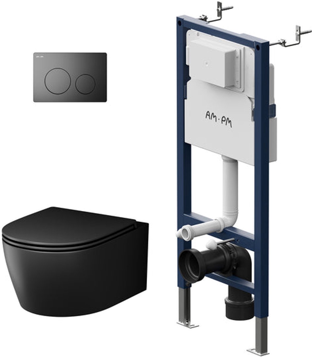 AM.PM X-Joy S - Inbouwreservoir Complete Toiletset - Hangtoilet Zwart - SoftClose Toiletzitting - Bedieningsplaat Zwart - Inbouwreservoir