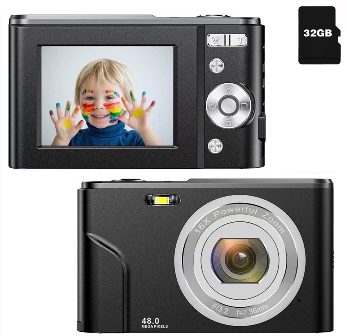 Digitale camera 48 MP, 1080p FHD, 16x zoom, 32GB geheugenkaart