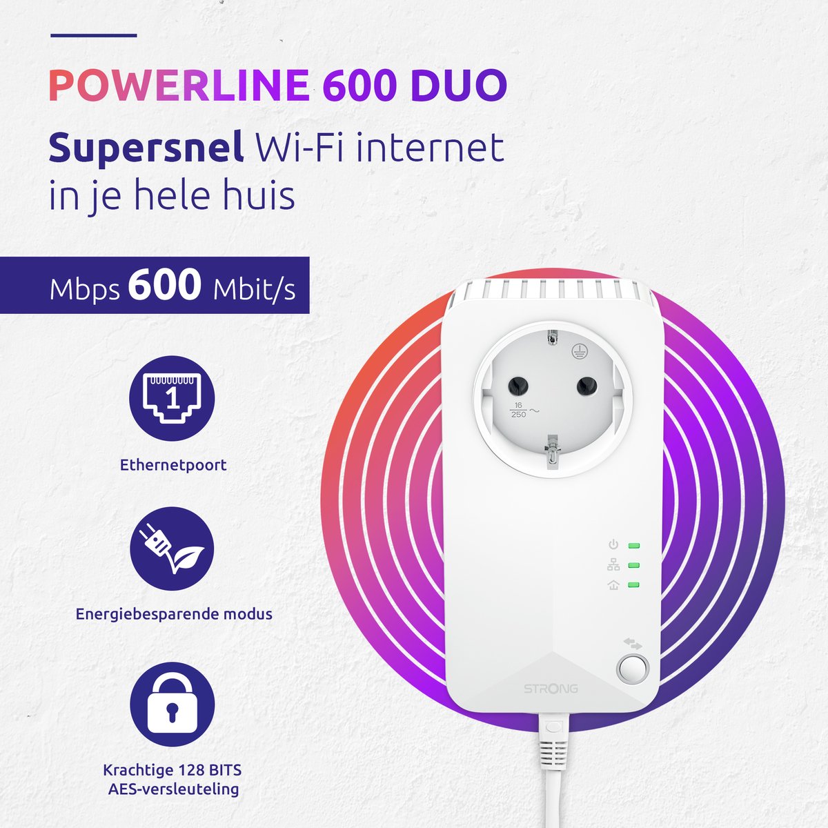 STRONG - Powerline 600 Kit - Duo Powerline Outlets - Powerline Kit - 600 Mbps - Elke Box/Router Compatibel - 1 Ethernetpoort + Gefilterde Outlet - Snelle Installatie - Overal Breedband Internet Toegang - Wit - 4 jaar garantie