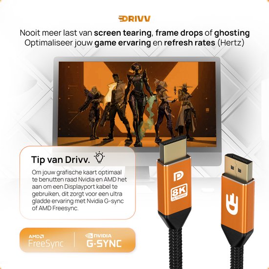 Drivv. Câble Displayport - 8K 60Hz – 4K 144 Hz - 32,4 Go/s - Displayport 1.4 - Câble DP - 2 mètres