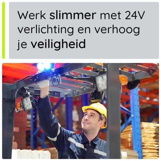 Man met gele helm, werkt aan een heftruck met blauwe lichten. Sectie tekst: Werk slimmer met 24V verlichting.