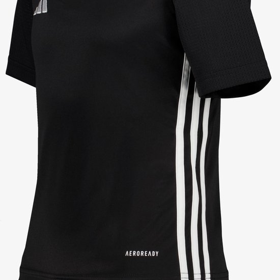 Zwart Adidas sportshirt met AEROREADY logo en witte drippels aan de zijkant.