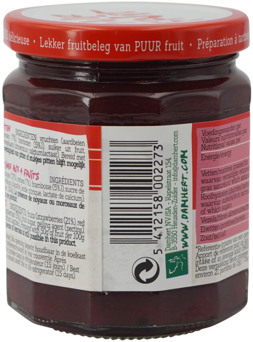 Damhert - Confituur Puur Fruit 4 Vruchten - 3 x 315 gr - Voordeelverpakking