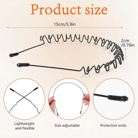 Bandeaux en métal pour hommes - Set de 9, design ondulé, antidérapants pour le sport, le yoga, la danse et le maquillage