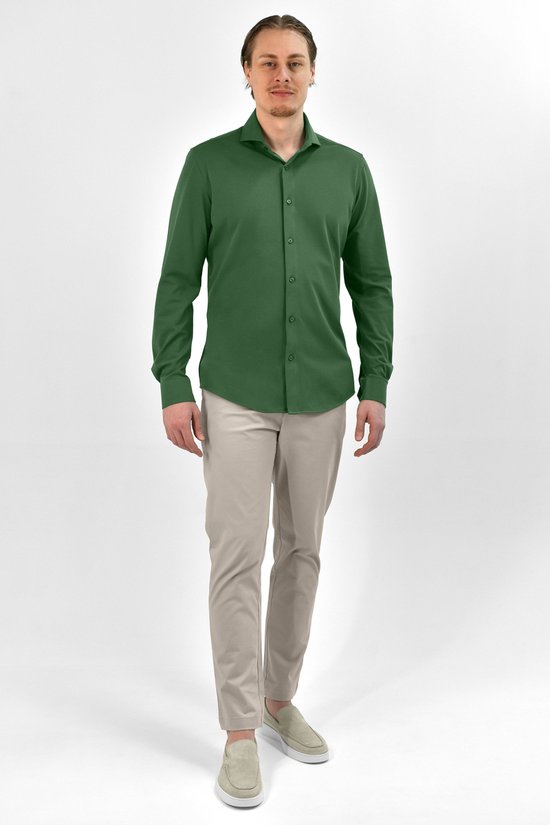 Vercate - Chemise sans repassage - Tricot japonais - Coton piqué - Vert - Slim Fit - Manches longues - Homme - Taille 41/L