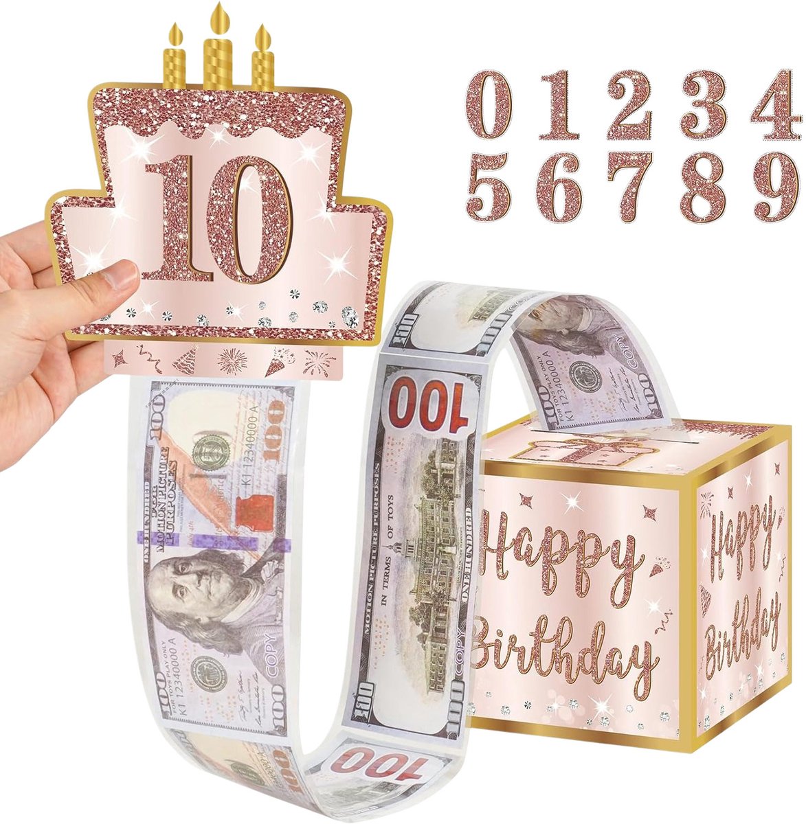 REFTTENW Geld Cadeauverpakking - Cadeau Voor Contant Geld - Aanpasbare Leeftijdsstickers - Geldcadeau - De Leukste Pinautomaat Voor Je Verjaardag Roségoud