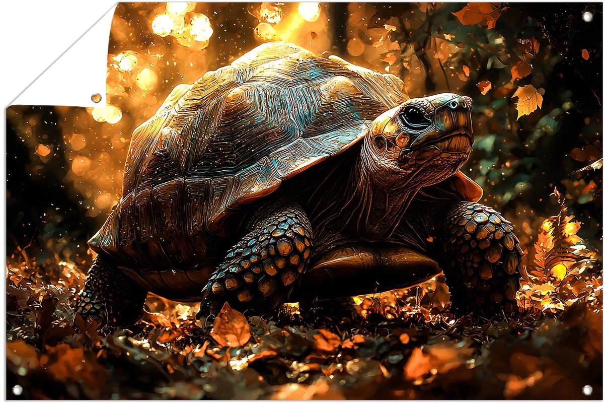 Schildpad in het gouden licht - Schildpad poster - Tuinkunst dieren - Hyperrealisme - Weer