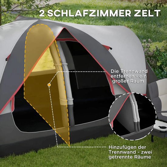 Tunneltent - Kampeertent met regenhoes - Familietent 6-8 persoons - 2 kamers - Grijs van Merkloos — afbeelding 4