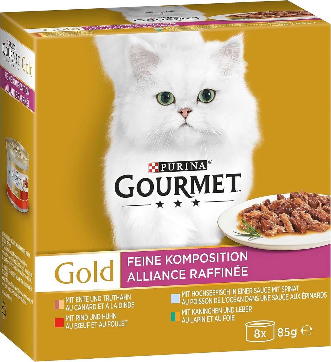 Gourmet Luxe Mix Kattenvoer – Natvoer met Rund, Kip, Eend, Kalkoen, Konijn en Lever, Zeevis met Spinazie | 8x85g
