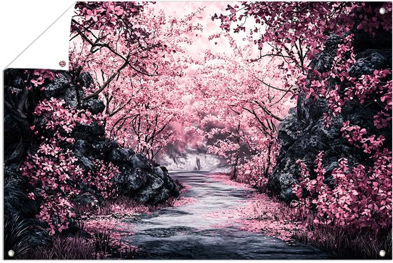 Roze bloesembomen langs een pad - Kersenbloesem buitenposter - Tuinschilderij bomen - Digital Art - Tuinschilderij voor buiten - Buitenposter waterdicht - tuinposter 105x70 cm