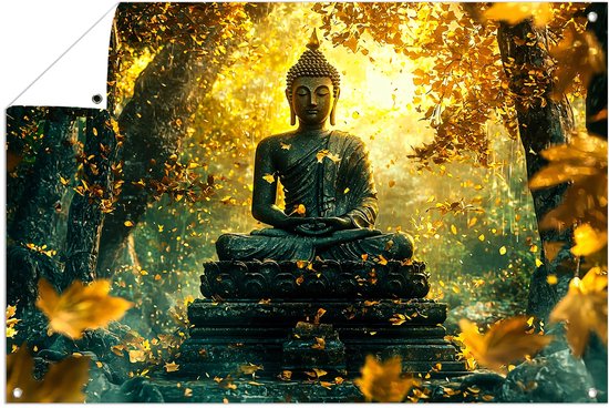 Boeddha met gouden herfstbladeren - Boeddha tuinprints - Tuinwanddecoratie boeddhabeeld - Digital Art - Tuinaccessoires - Tuin decoratie - tuinposter 75x50 cm