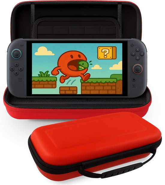 Rode consolehoes open met Nintendo Switch en spel, gesloten hoes ernaast.