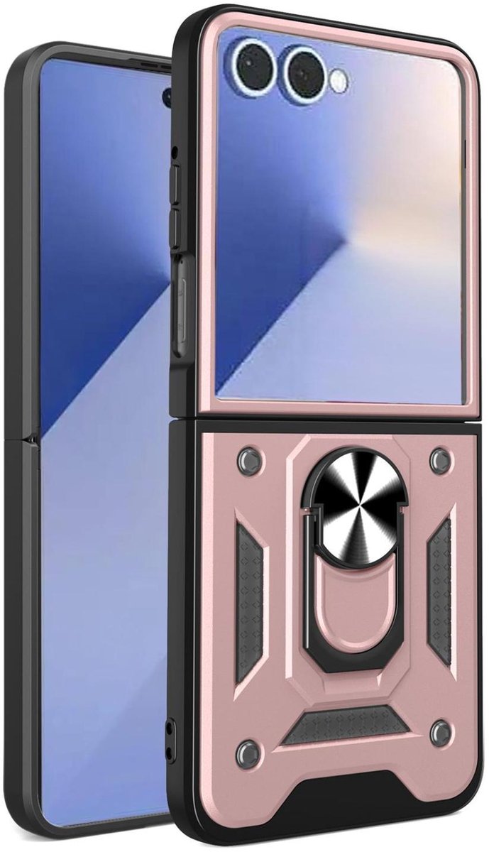 Mobigear Hoesje geschikt voor Samsung Galaxy Z Flip 7 Telefoonhoesje Hardcase | Mobigear Armor Ring Backcover Shockproof met Ringhouder | Schokbestendig Galaxy Z Flip 7 Telefoonhoesje | Anti Shock Proof - Roségoud