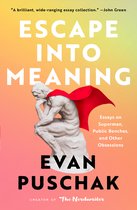 Boekomslag van 'Escape into Meaning' met een standbeeld van Denker met rode cape, geschreven door Evan Puschak.