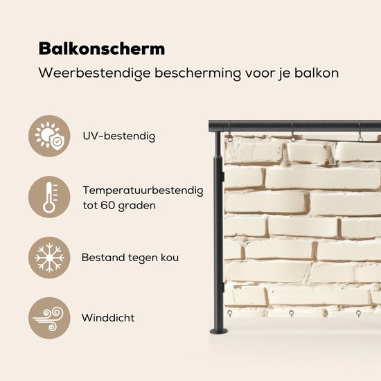 Balkonscherm 300x80 cm - Balkonposter Bakstenen - Muur - Licht - Wit - Balkon scherm decoratie - Balkonschermen - Balkondoek zonnescherm
