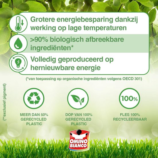 Grotere energiebesparing dankzij werking op lage temperaturen. Meer dan 90% biologisch afbreekbare ingrediënten. Volledig geproduceerd op hernieuwbare energie. Meer dan 50% gerecycled plastic, dop van 100% gerecycled plastic, fles 100% recyclebaar.