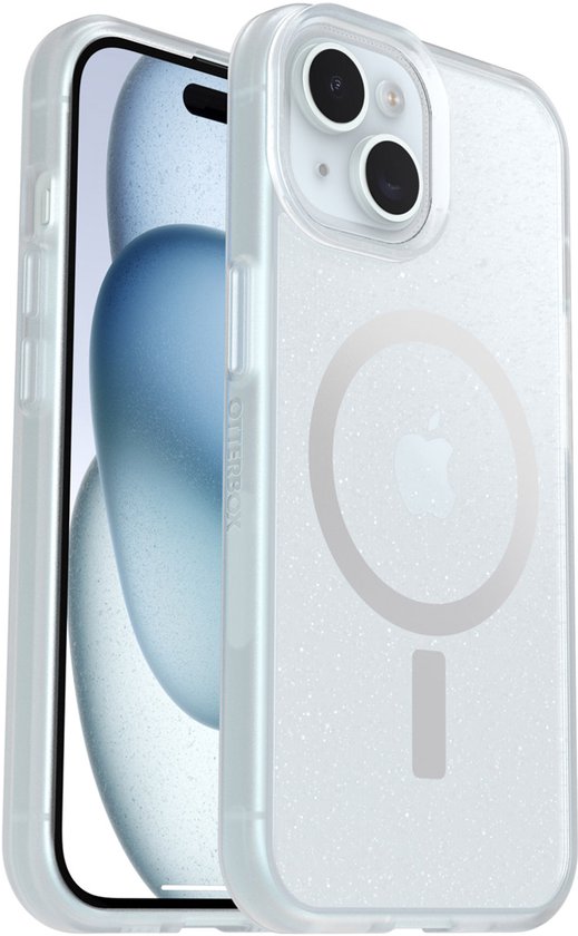 iPhone 14/15/16e in een transparante OtterBox hoes met glitters, MagSafe-ring zichtbaar.